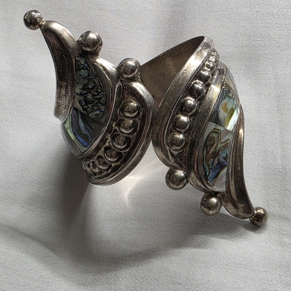 Vintage ALPACA Sterling Silver Abalone Clamp Wrap Bracelet - Picture 2 of 7